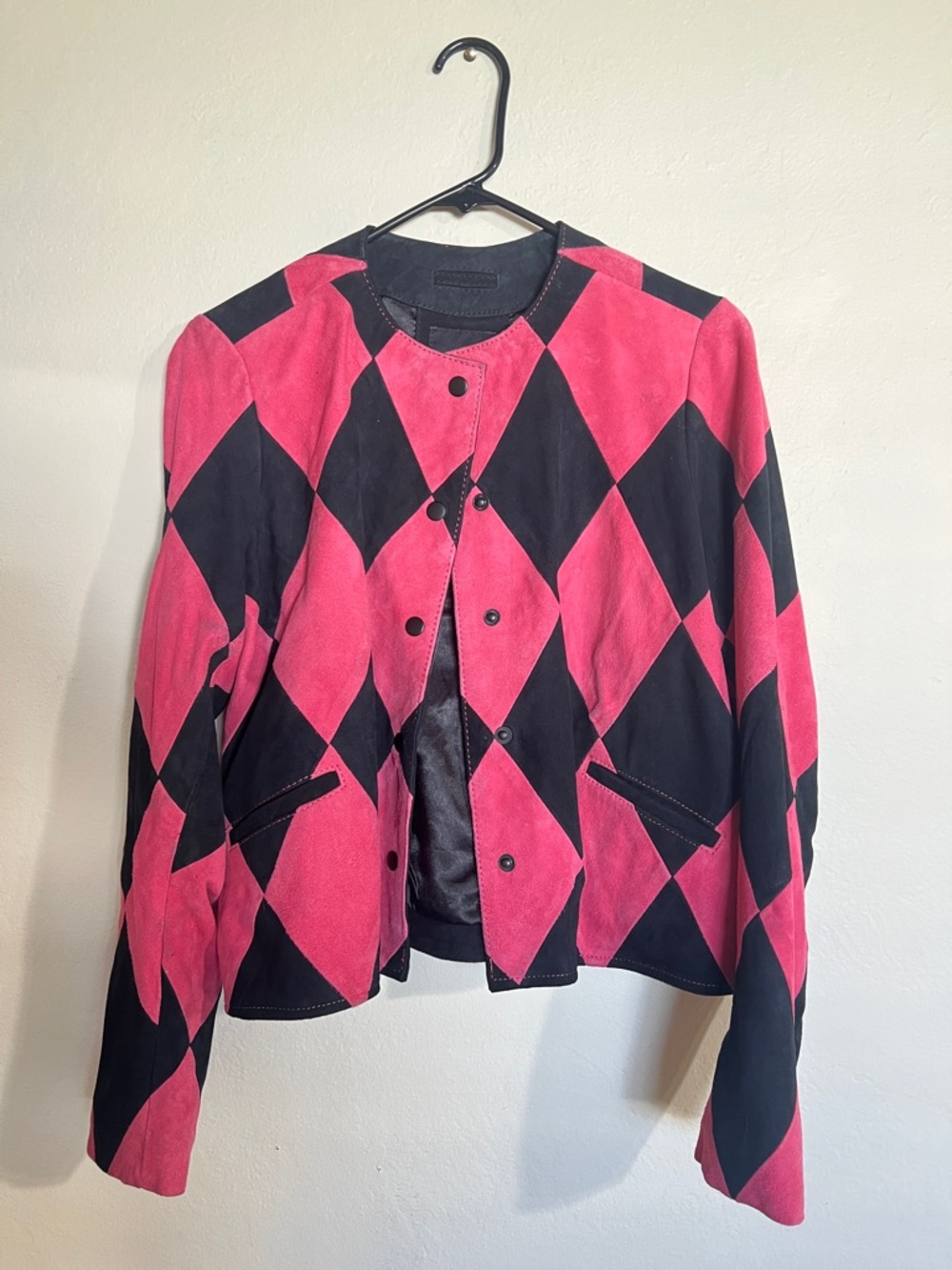 Women's Pink & Black argyle leather suede jacket